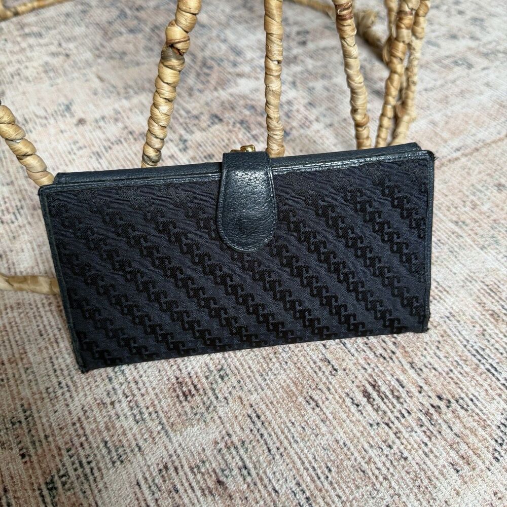 Vintage GUCCI GG Supreme Canvas Navy Blue Leather Wallet Logo Gold Snap Trifold - Picture 2 of 16